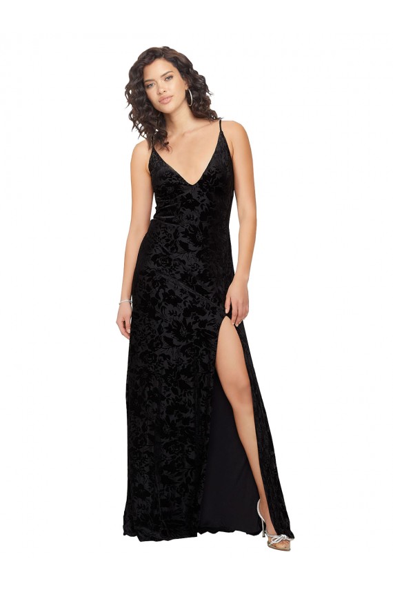 Compra Negro Cubierta Cuello en V Terciopelo floral Terciopelo Elástico Largo Vestidos de dama de honor