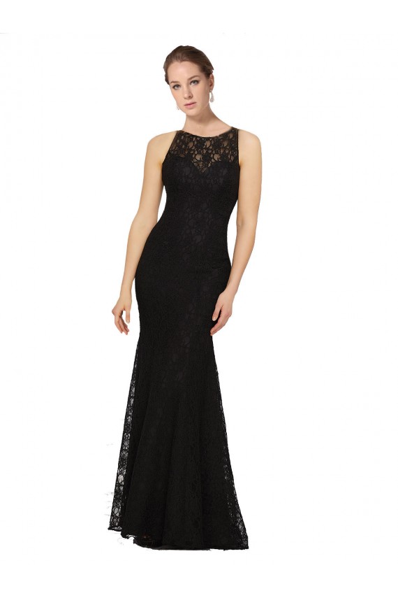 Compra Negro Cubierta Cuello joya Encaje Largo Vestidos de dama de honor