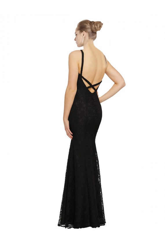 Compra Negro Cubierta Cuello joya Encaje Largo Vestidos de dama de honor