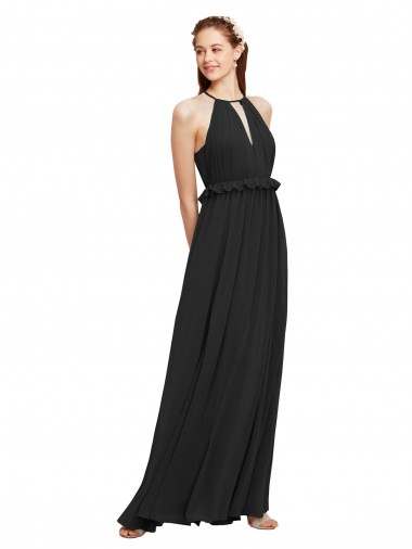 Negro Cubierta Halter Gasa Largo Vestidos de dama de honor Baratos