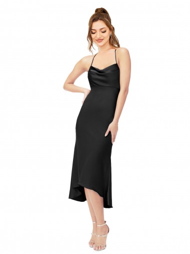 Negro Cubierta Midi Satén sedoso Corto Asimétrico Formales Vestidos de dama de honor / Vestidos de fiesta / Vestidos de cóctel Baratos