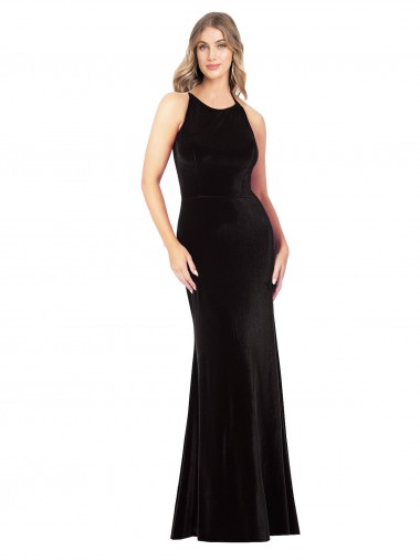 Negro Cubierta Tirantes espagueti Cuello joya Terciopelo Elástico Largo Formales Vestidos de dama de honor / Vestidos de fiesta Baratos