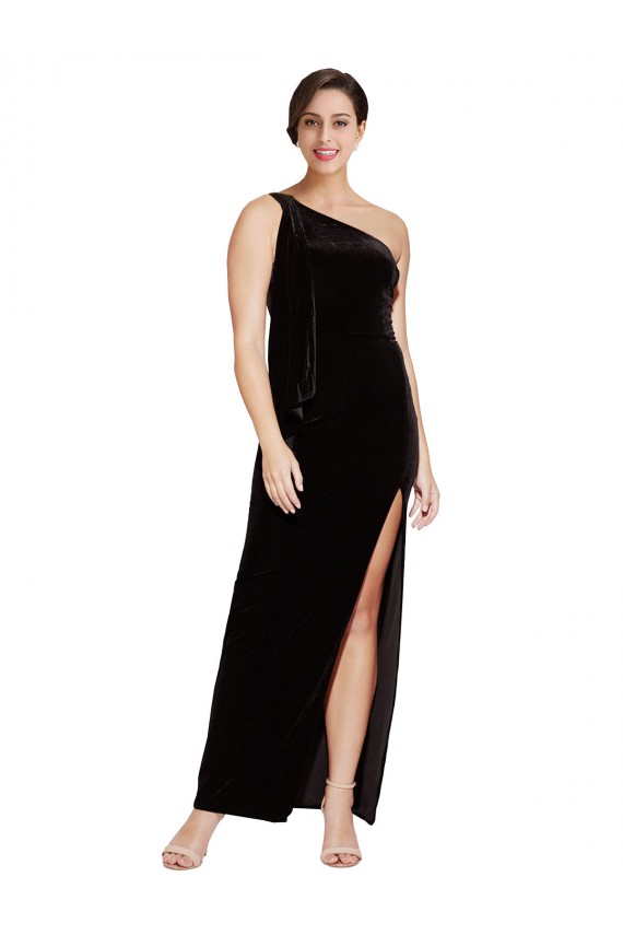 Compra Negro Cubierta Un Hombre Terciopelo Elástico Largo Formales Vestidos de dama de honor / Vestidos de fiesta