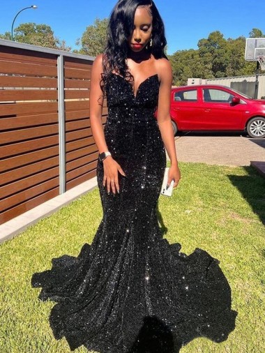 Negro Sirena Cuello de Corazón Lentejuelas Terciopelo Largo Vestidos de fiesta Baratos
