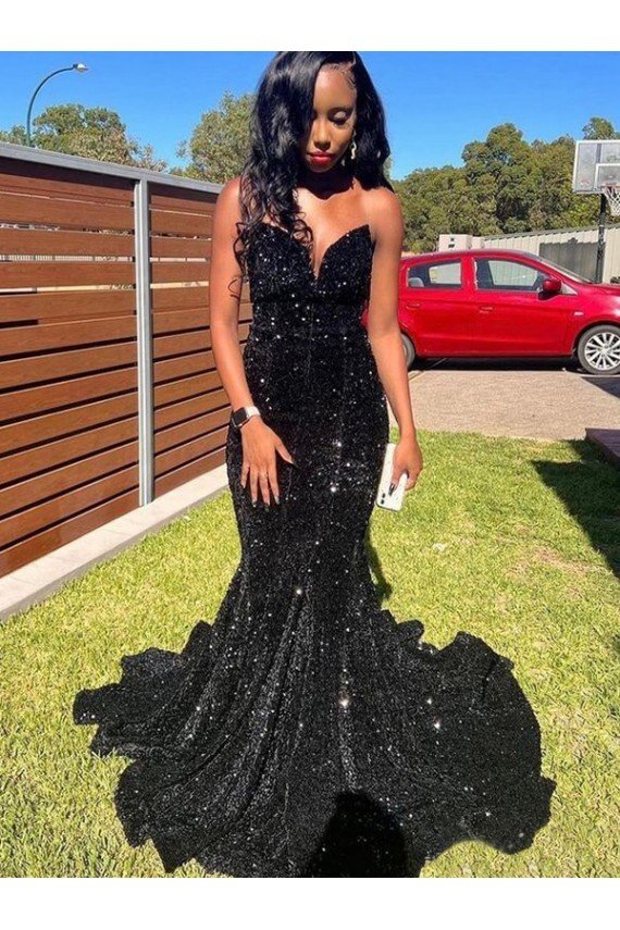 Compra Negro Sirena Cuello de Corazón Lentejuelas Terciopelo Largo Vestidos de fiesta