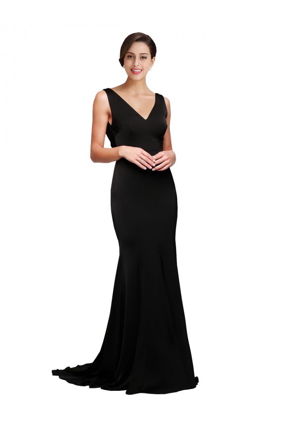 Compra Negro línea A Cuello en V Barrer tren Satén sedoso Largo Formales Vestidos de dama de honor / Vestidos de fiesta