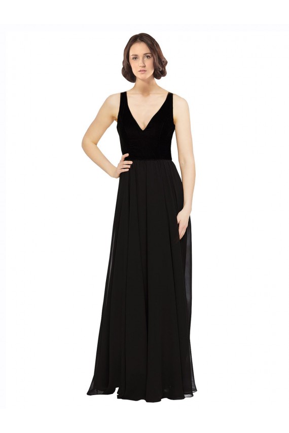Compra Negro línea A Cuello en V Gasa Terciopelo Largo Vestidos de dama de honor / Vestidos de fiesta