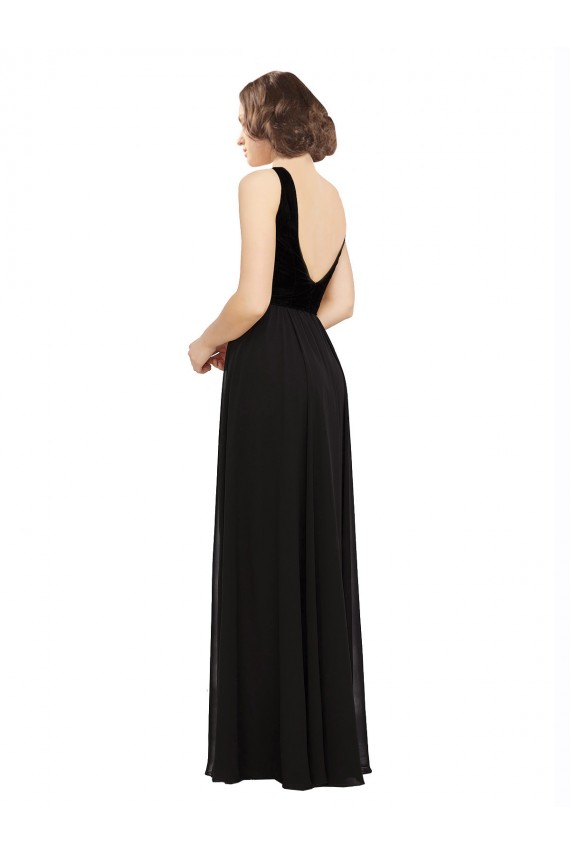Compra Negro línea A Cuello en V Gasa Terciopelo Largo Vestidos de dama de honor / Vestidos de fiesta