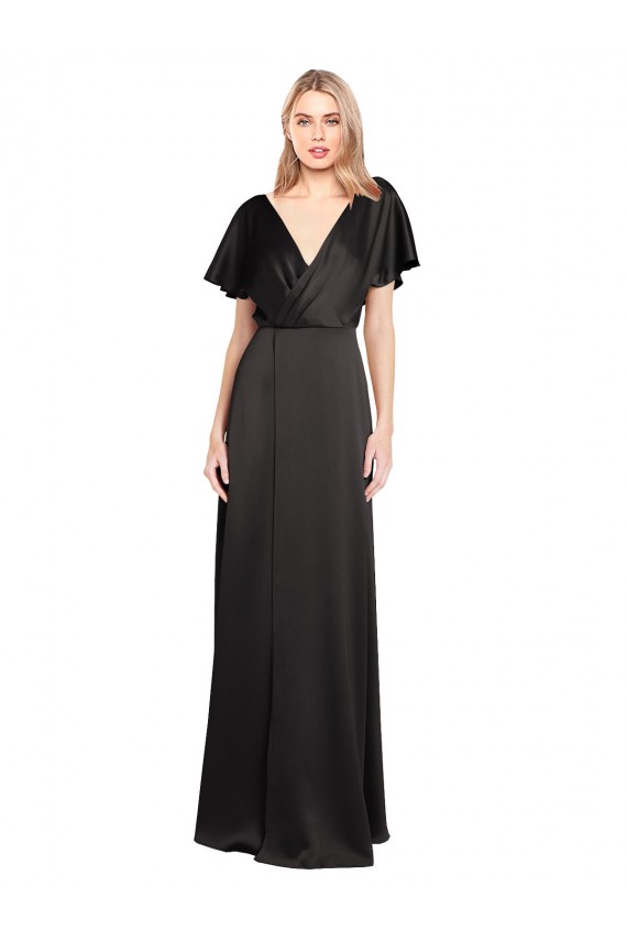 Compra Negro línea A Cuello en V Satén elástico Largo Formales Vestidos de dama de honor / Vestidos de fiesta