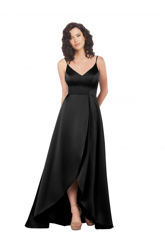 Compra Negro línea A Cuello en V Satén sedoso Largo Asimétrico Formales Vestidos de dama de honor / Vestidos de fiesta