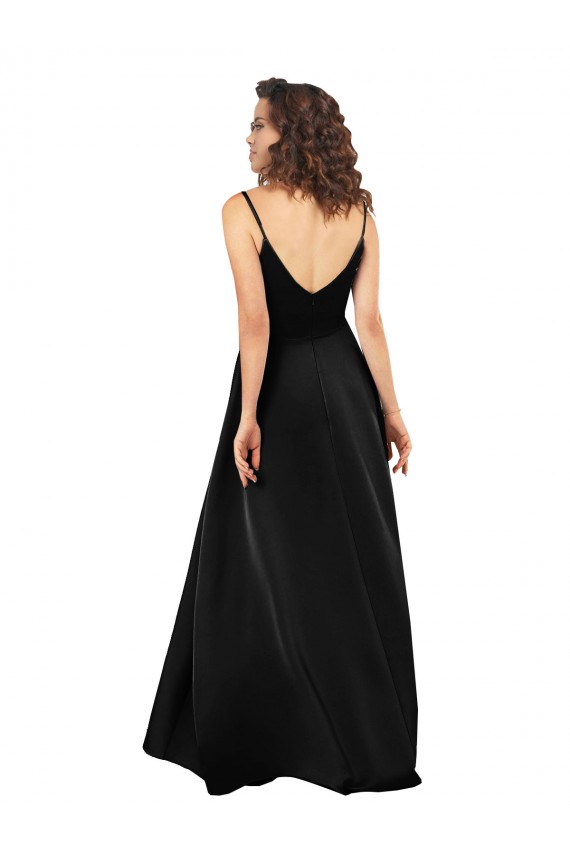 Compra Negro línea A Cuello en V Satén sedoso Largo Asimétrico Formales Vestidos de dama de honor / Vestidos de fiesta