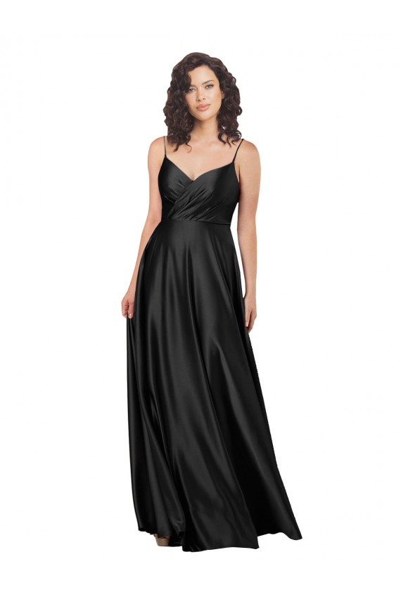 Compra Negro línea A Cuello en V Satén sedoso Largo Formales Vestidos de dama de honor / Vestidos de fiesta