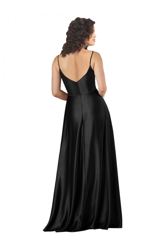 Compra Negro línea A Cuello en V Satén sedoso Largo Formales Vestidos de dama de honor / Vestidos de fiesta