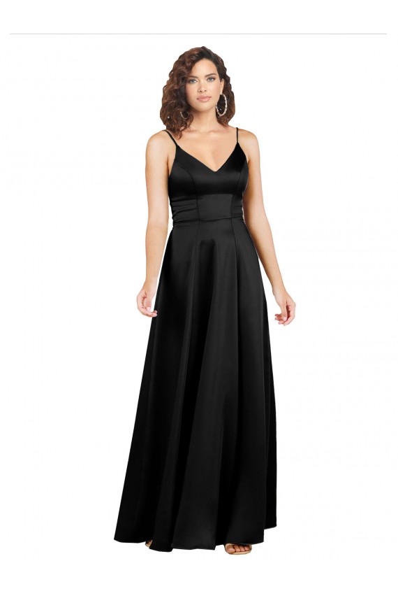 Compra Negro línea A Cuello en V Satén sedoso Largo Formales Vestidos de dama de honor / Vestidos de fiesta
