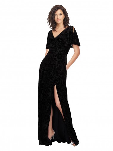Negro línea A Cuello en V Terciopelo floral Terciopelo Elástico Largo Vestidos de dama de honor Baratos