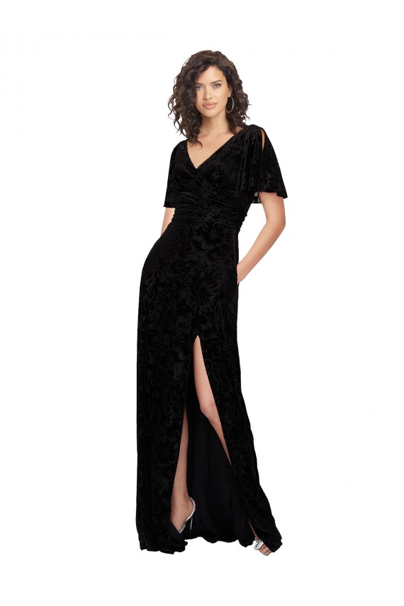 Compra Negro línea A Cuello en V Terciopelo floral Terciopelo Elástico Largo Vestidos de dama de honor