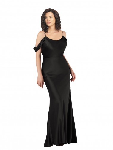 Negro línea A Hombros Descubiertos Satén sedoso Largo Formales Vestidos de dama de honor / Vestidos de fiesta Baratos