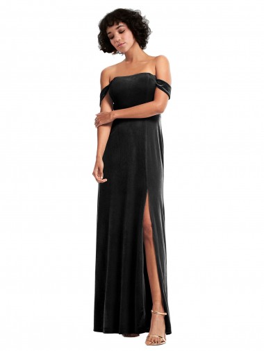 Negro línea A Hombros Descubiertos Sin tirantes Terciopelo Elástico Largo Formales Vestidos de dama de honor / Vestidos de fiesta Baratos