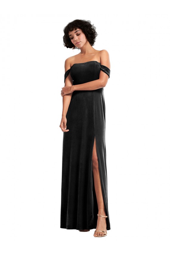 Compra Negro línea A Hombros Descubiertos Sin tirantes Terciopelo Elástico Largo Formales Vestidos de dama de honor / Vestidos de fiesta