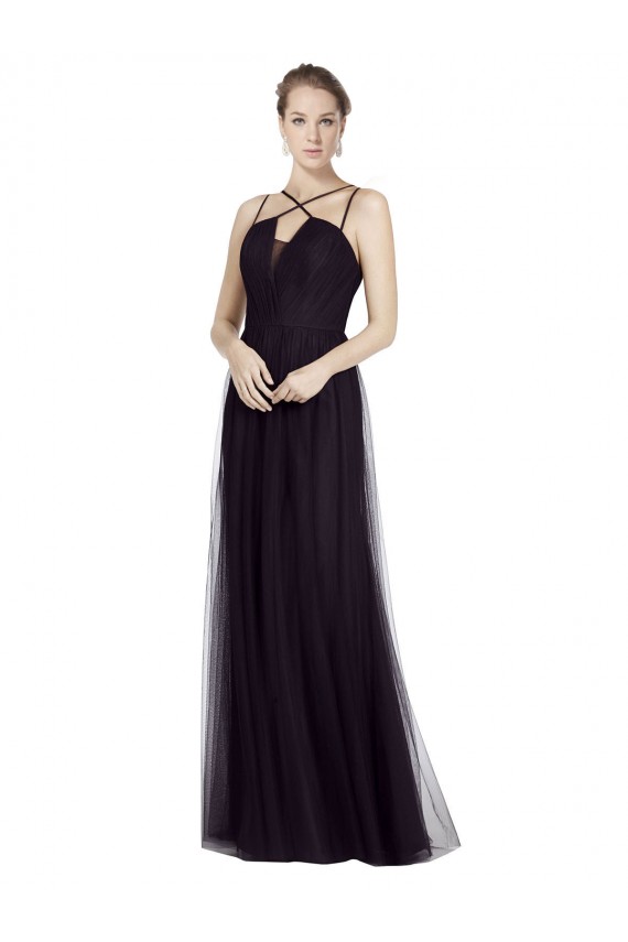 Compra Negro línea A Tirantes espagueti Cuello Alto Tul Largo Vestidos de dama de honor