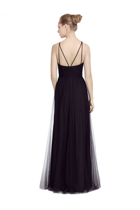 Compra Negro línea A Tirantes espagueti Cuello Alto Tul Largo Vestidos de dama de honor