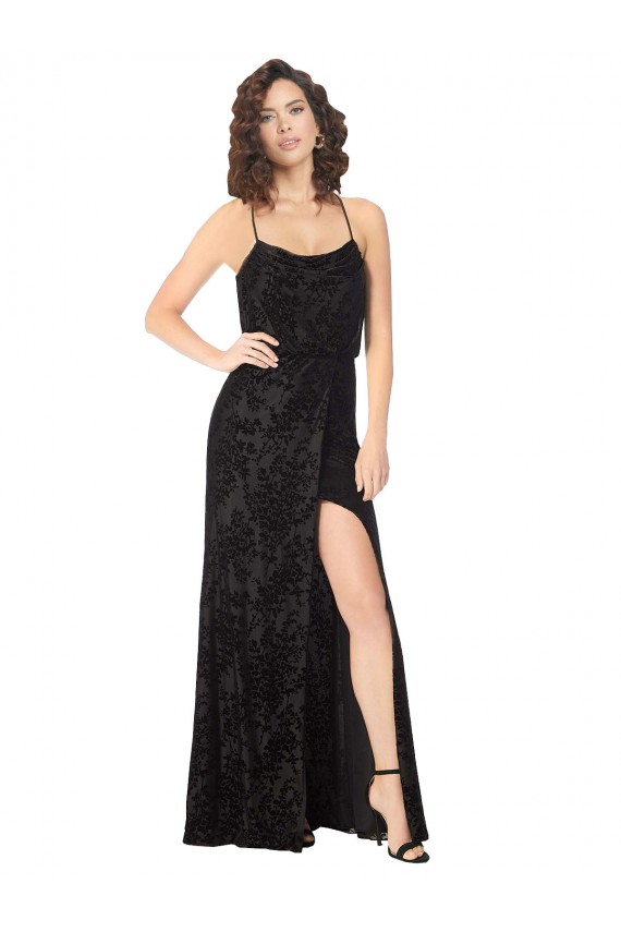 Compra Negro línea A Tirantes espagueti Terciopelo floral Terciopelo Elástico Largo Vestidos de dama de honor