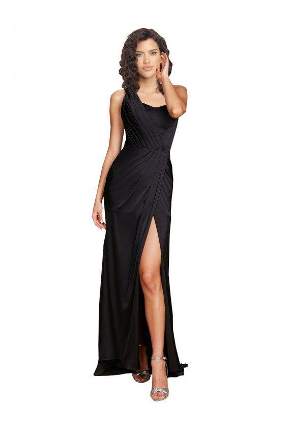 Compra Negro línea A Un Hombre Satén sedoso Largo Formales Vestidos de dama de honor / Vestidos de fiesta