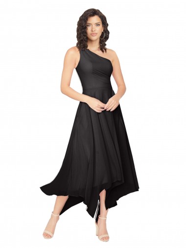 Negro línea A Un Hombre Sin tirantes Midi Gasa Corto Asimétrico Vestidos de dama de honor / Vestidos de cóctel / Vestidos para homecoming Baratos