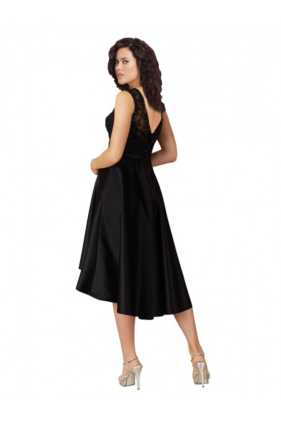 Compra Negro línea A Ilusión Midi Satén Encaje Corto Asimétrico Vestidos de dama de honor / Vestidos de cóctel / Vestidos para homecoming