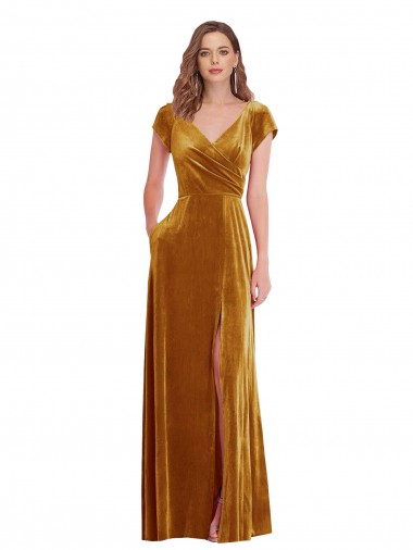Oro Cubierta Cuello en V Terciopelo Elástico Largo Formales Vestidos de dama de honor / Vestidos de fiesta Baratos