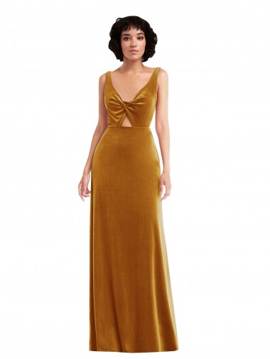 Oro Trompeta Cuello en V Terciopelo Elástico Largo Vestidos de dama de honor / Vestidos de fiesta Baratos