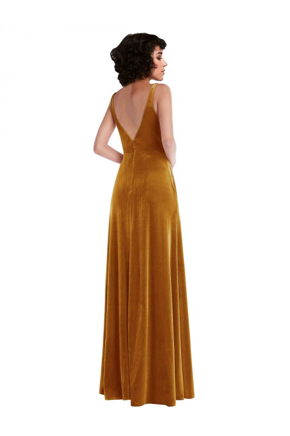 Compra Oro Trompeta Cuello en V Terciopelo Elástico Largo Vestidos de dama de honor / Vestidos de fiesta