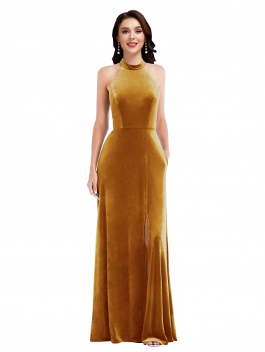 Oro Trompeta Halter Cuello Alto Terciopelo Elástico Largo Vestidos de dama de honor / Vestidos de fiesta Baratos