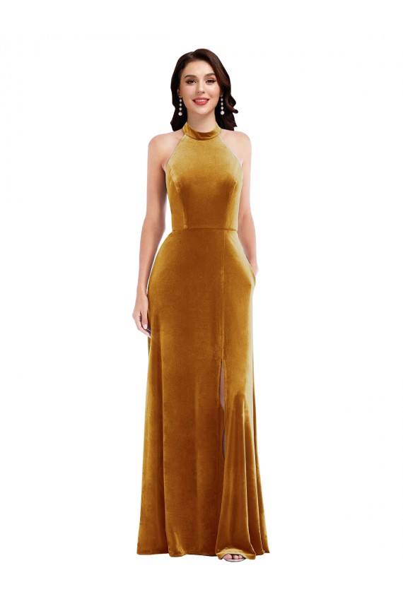 Compra Oro Trompeta Halter Cuello Alto Terciopelo Elástico Largo Vestidos de dama de honor / Vestidos de fiesta