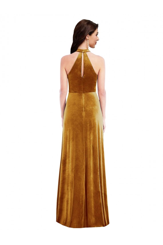 Compra Oro Trompeta Halter Cuello Alto Terciopelo Elástico Largo Vestidos de dama de honor / Vestidos de fiesta