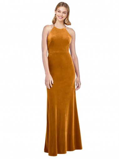Oro línea A Halter Cuello Alto Terciopelo Elástico Largo Formales Vestidos de dama de honor / Vestidos de fiesta Baratos
