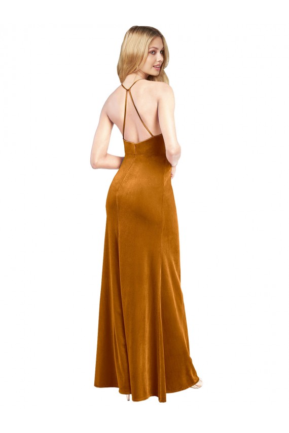 Compra Oro línea A Halter Cuello Alto Terciopelo Elástico Largo Formales Vestidos de dama de honor / Vestidos de fiesta