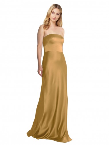 Oro línea A Sin tirantes Satén elástico Largo Formales Vestidos de dama de honor / Vestidos de fiesta Baratos