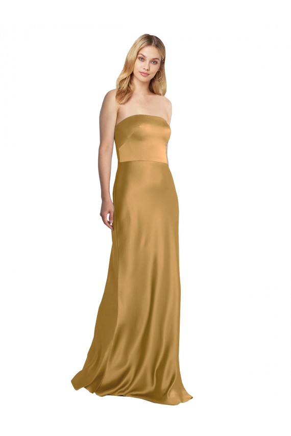 Compra Oro línea A Sin tirantes Satén elástico Largo Formales Vestidos de dama de honor / Vestidos de fiesta