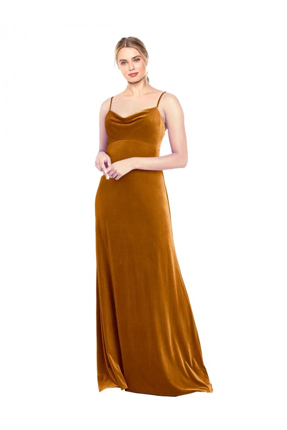 Compra Oro línea A Tirantes espagueti Terciopelo Elástico Largo Vestidos de dama de honor / Vestidos de fiesta