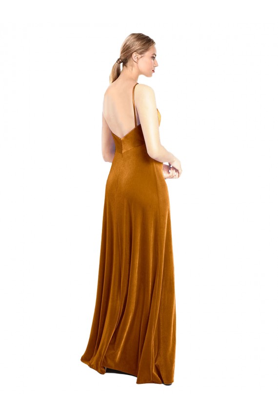 Compra Oro línea A Tirantes espagueti Terciopelo Elástico Largo Vestidos de dama de honor / Vestidos de fiesta