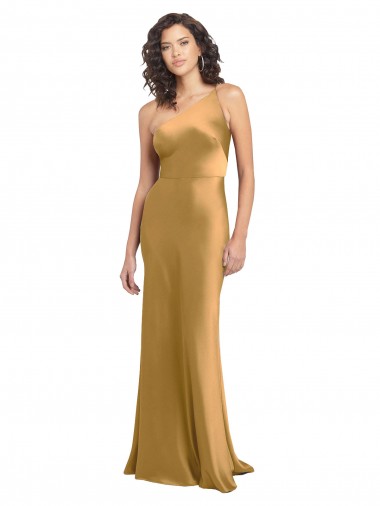 Oro línea A Un Hombre Satén elástico Largo Formales Vestidos de dama de honor / Vestidos de fiesta Baratos