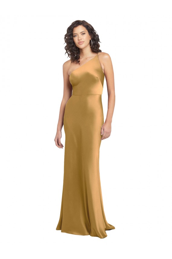 Compra Oro línea A Un Hombre Satén elástico Largo Formales Vestidos de dama de honor / Vestidos de fiesta