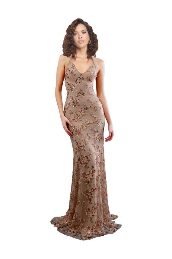 Compra Oro rosa Sirena Cuello en V Cuello Alto Crepé Elástico Lentejuela Tul Largo Formales Vestidos de dama de honor / Vestidos de fiesta