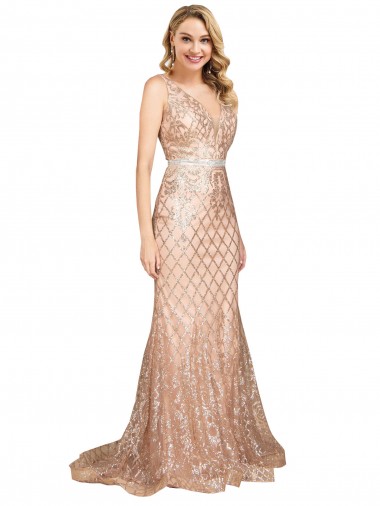 Oro rosa Sirena Cuello en V Lentejuela Lentejuelas brillantes Largo Formales Vestidos de dama de honor / Vestidos de fiesta Baratos