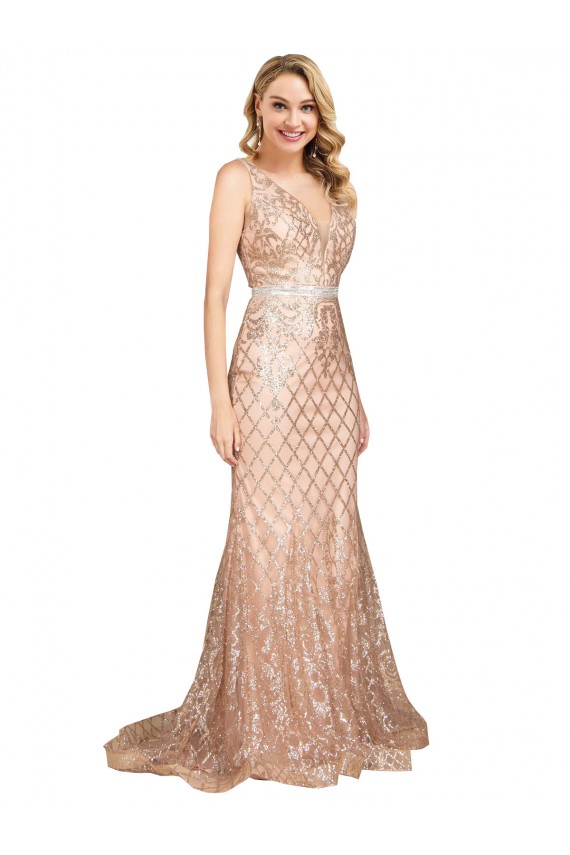 Compra Oro rosa Sirena Cuello en V Lentejuela Lentejuelas brillantes Largo Formales Vestidos de dama de honor / Vestidos de fiesta