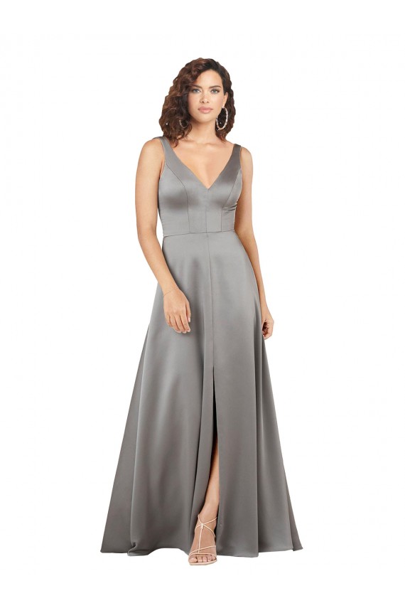 Compra Pearl Grey línea A Cuello en V Satén sedoso Largo Formales Vestidos de dama de honor / Vestidos de fiesta