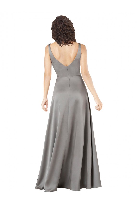 Compra Pearl Grey línea A Cuello en V Satén sedoso Largo Formales Vestidos de dama de honor / Vestidos de fiesta