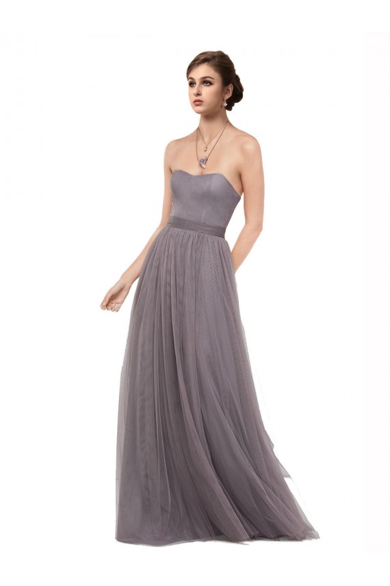 Compra Pewter línea A Tirantes espagueti Tul Largo Vestidos de dama de honor