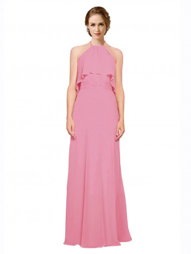 Piel rosa línea A Halter Cuello Alto Gasa Largo Vestidos de dama de honor Baratos